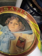 VINTAGE MID CENTURY SATIN CIGARETTES COLLECTOR ROUND LITHOGRAPH TIN SERVING TRAY picture