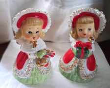 2 Vintage Lefton Christmas Angel Girl Bells with gift and candy cane, Japan picture
