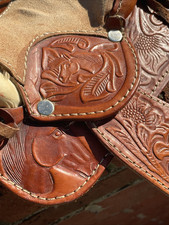 Vtg Tooled Leather Miniature Western Saddle Decor Horse Heads Cowhide 1940s 1950 picture