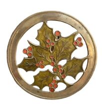 Lacquered Brass Christmas Trivet Golden Holly Red Berries 80s Vintage 7” Round picture