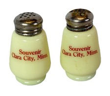 CLARA CITY, MINNESOTA MN Uranium Antique Custard Glass Souvenir Salt Shakers picture