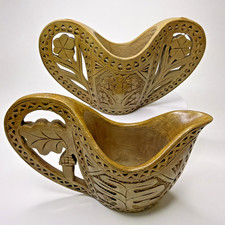 VTG Yugoslavian Hand Carved Wooden Wedding Cups Pair Shepherds Folk Art Set 2 picture