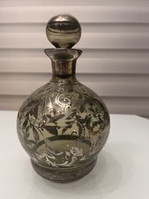 Antique Smokey Clear Glass Silver  Overlay Hand Painted Decanter black  picture
