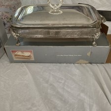 Vtg. 2Qt. Silver Plated Casserole Dish w/ Lid & Glass Holder Ornate W/ Org. Box picture