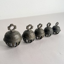 5 Etched Vintage India Brass Claw Bells On Rope Unique Sound picture