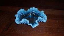 Vintage Fenton Ruffled Blue Opalescent Hobnail Glass Candy Dish Crimped Edges picture