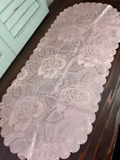 Vintage Pink Satin Table Runner Dresser Scarf Scalloped Roses Granny Chic 15x35 picture
