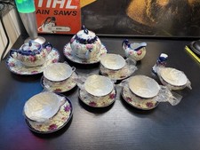 Nippon Hand Painted Tea Set Pink Roses Cobalt Blue Gold Porcelain picture