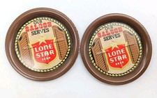 Vintage Lone Star Beer Coasters Pair 2x Texas Metal Tin Saloon Brown Western Bar picture