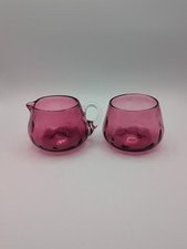 PILGRIM-Hand Blown Cranberry Glass Creamer & Sugar Bowl EUC Beautiful Signed picture