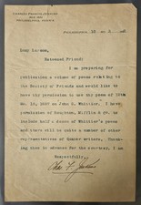 1892 Charles Francis Jenkins ALS To Lucy Larcom, Re: Quaker Poetry & JG Whittier picture