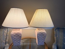 Postmodern Peachy-Pink Ceramic Basketweave Lamps- PAIR - 3-Way - Working Shades picture