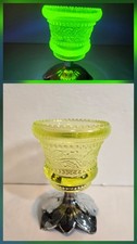Vintage Yellow Uranium Embossed Glass Candle Holder Glows Under Blacklight picture