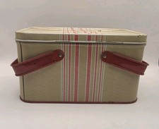 Vintage 1940's Metal Lunch Box Picnic Tin Red Stripe 2 Handles Original Name Tag picture