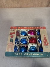 Vintage Glass Christmas Ornaments Boxed Set of 12 Red Blue Balls Original Box picture