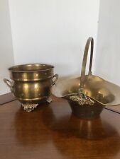 Vtg Brass Basket Swing Handle AND Handled Footed Brass Planter Lot Of 2 Patina picture