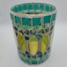 Mosaic Stained Glass Candle Holder Blue Yellow Shine 4 Inch Votive Handmade picture