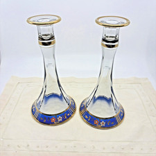 Vintage Tiffin Bohemian Glass #151 Candle Holders Hand Painted Blue Floral picture