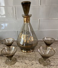 Art Deco Vintage Gold Floral Leaf  Decanter  Set Glasses Smoky Purple Brandy picture