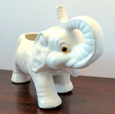 Vintage White Ceramic Elephant Planter Raised Trunk Amber Eyes MCM 9