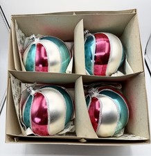 Vtg West German 4” Jumbo Glass Christmas Ornaments Striped Pink Teal Set 4 W Box picture