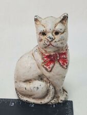 Antq Cast RARE YELLOW GLASS EYES Iron Cat Bank White w/Red Bow Hand Painted 4.5