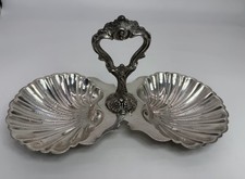 Vtg Crescent Silver Co Plated Double Clam Shell Footed Serving Dish Trinket Tray picture