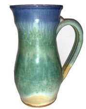 Blue Turquoise Art Pottery Pitcher Jug Handle Vase Signed Footed Base picture
