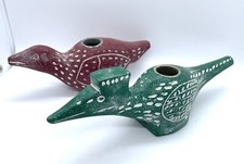 Pottery Barn Folk Art Wood Bird Candle Holders Roadrunner Mauve Green BOHO picture