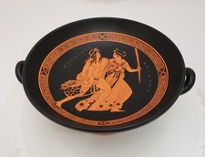 Greek Kylix Footed Bowl Attic Red Dionysus Figure Pottery Double Handle Hang Tag picture