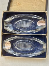 Vintage Bohemia Glass Clear Crystal Czech Boat Shaped Ashtrays Set Original Box picture