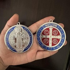 2PCS ST BENEDICT CROSS MEDAL 3 INCH VINTAGE BRASS TONE FINISH (Blue) picture