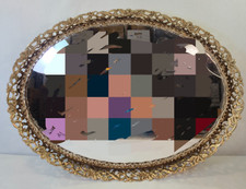 Vintage Hollywood Regency Flat Gold Tone Oval Vanity Dresser Tray Mirror picture