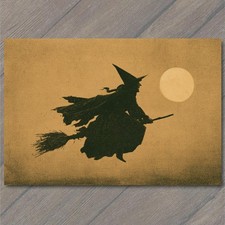 POSTCARD Witch Flying Broomstick Full Moon Silhouette Halloween Spooky Gothic picture