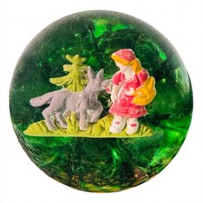 MINT RARE Little Red Riding Hood & Wolf St. Clair Sulphide Paperweight W Stand picture