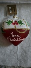 Pier 1 Imports Fine European Glass Heart Ornament 2015 Merry Christmas Red White picture