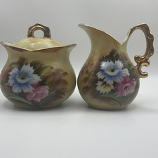 Vintage Enesco Japan Mini Creamer & Covered Sugar Bowl Hand Painted Floral Set picture