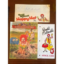 Vtg 1970s Ronald McDonald Happy Hat Signed Pencil Bag 1982 Activity Book Unused picture