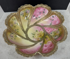 Vintage Floral Porcelain Dish Bowl Trimmed In Gold picture