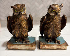Antique Art Deco Owl on Books Bronze Clad Bookends Turquoise Pompeian Marion picture