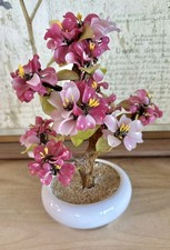 VTG Chinese Handmade JadeGlass BonsaiTree Delicate Pink & White Flower Sculpture picture