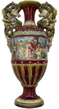 Antique 1920’s Grand Tour Italian Venice Majolica Vase 12” Sea Serpent Handles picture