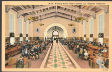 Los Angeles CA postcard - Union Railroad Station Waiting Room 1940s linen picture