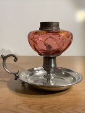VINTAGE ANTIQUE HAND PAINTED CRANBERRY GLASS PEWTER METAL FINGER OIL LAMP  picture