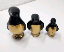 Vintage Brass & Enamel Penguin Figurines Set of 3 Black & Gold Mid Century Style picture