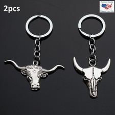2x PCS Lot - Skull Bull OX Head Long Horns Charm Keychain Key Chain Cowboy Gift picture