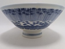 Vintage Japanese Blue White Porcelain Rice Bowl Bamboo Stripe Made in Japan picture