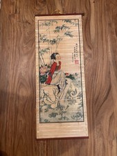 Bamboo Wall Hanging Chinese Figure Floral Art Scroll VTG 32 x 12.5 In picture