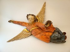Antique c 1840s carved wood flying angel putti cherub painted gold leaf 31x25x22 picture