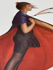 Vintage 1920s-30s Die Cut Trade Card Woman In Red And Blue Cape Signed Pressler picture